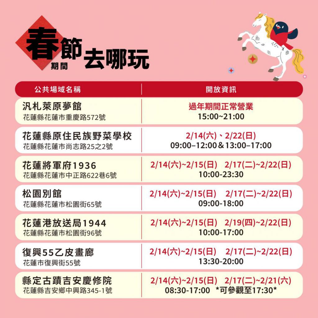【花蓮縣整合春節公共館舍開放資訊 縣長徐榛蔚邀全國鄉親春節來花蓮走春】插图