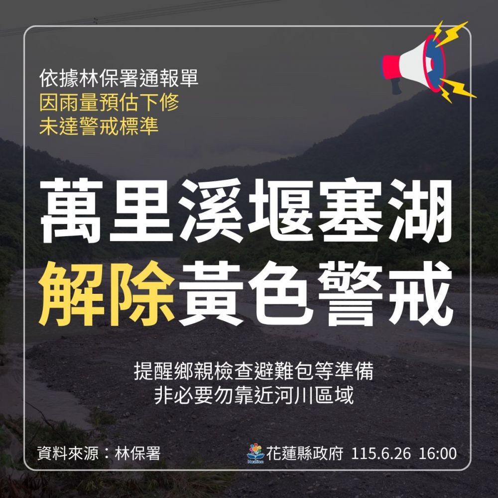 【萬里溪堰塞湖 解除黃色警戒】缩略图