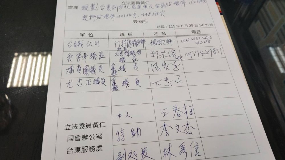 【立委黃仁夫人王春梅主持「臺鐵臺東至臺北直達車、增停鹿野站與金崙站」協調會  落實偏鄉真正「行」的安全】插图1